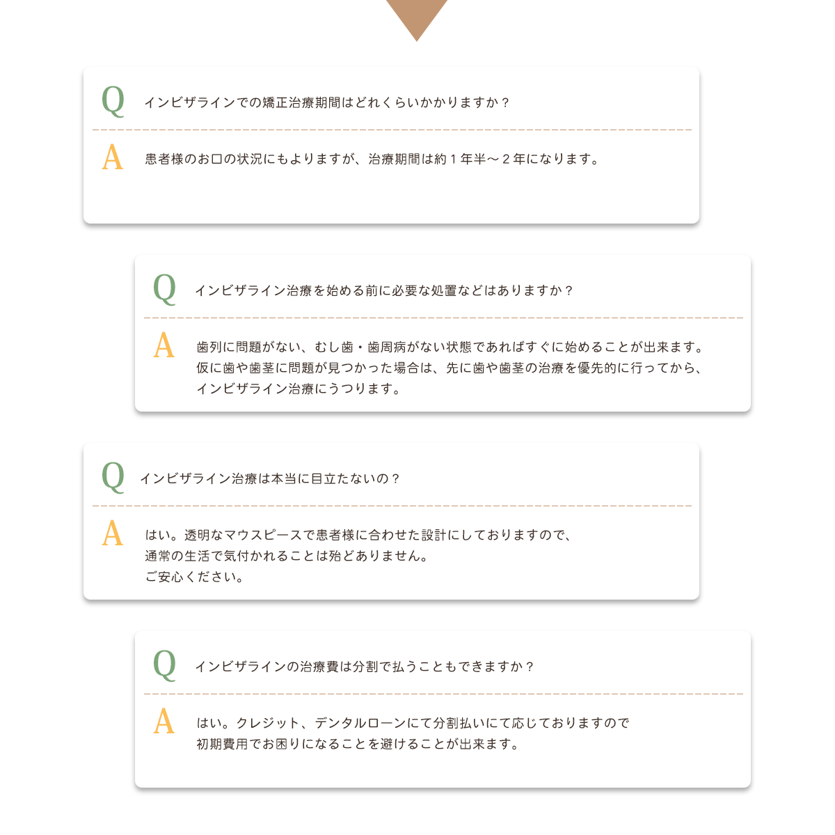 矯正治療期間は約1年半～2年。インビザライン治療の前に、歯や歯茎の治療を優先的に行ないます。インビザライン治療は目立ちません。インビザラインの治療費は分割で払うこともできます。