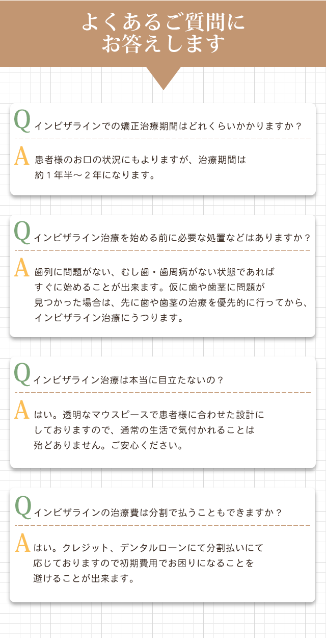 よくあるご質問にお答えします：矯正治療期間は約1年半～2年。インビザライン治療の前に、歯や歯茎の治療を優先的に行ないます。インビザライン治療は目立ちません。インビザラインの治療費は分割で払うこともできます。